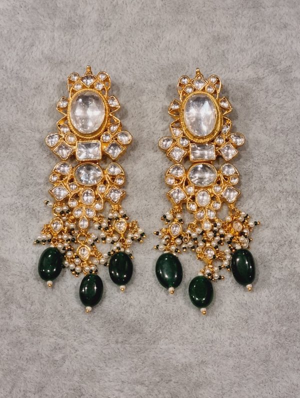 long kundan earrings with green drops