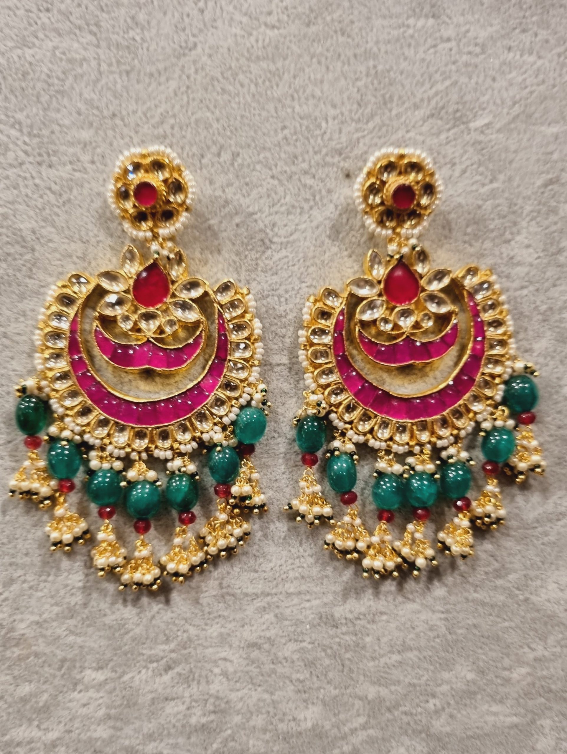 pink green large kundan earrings
